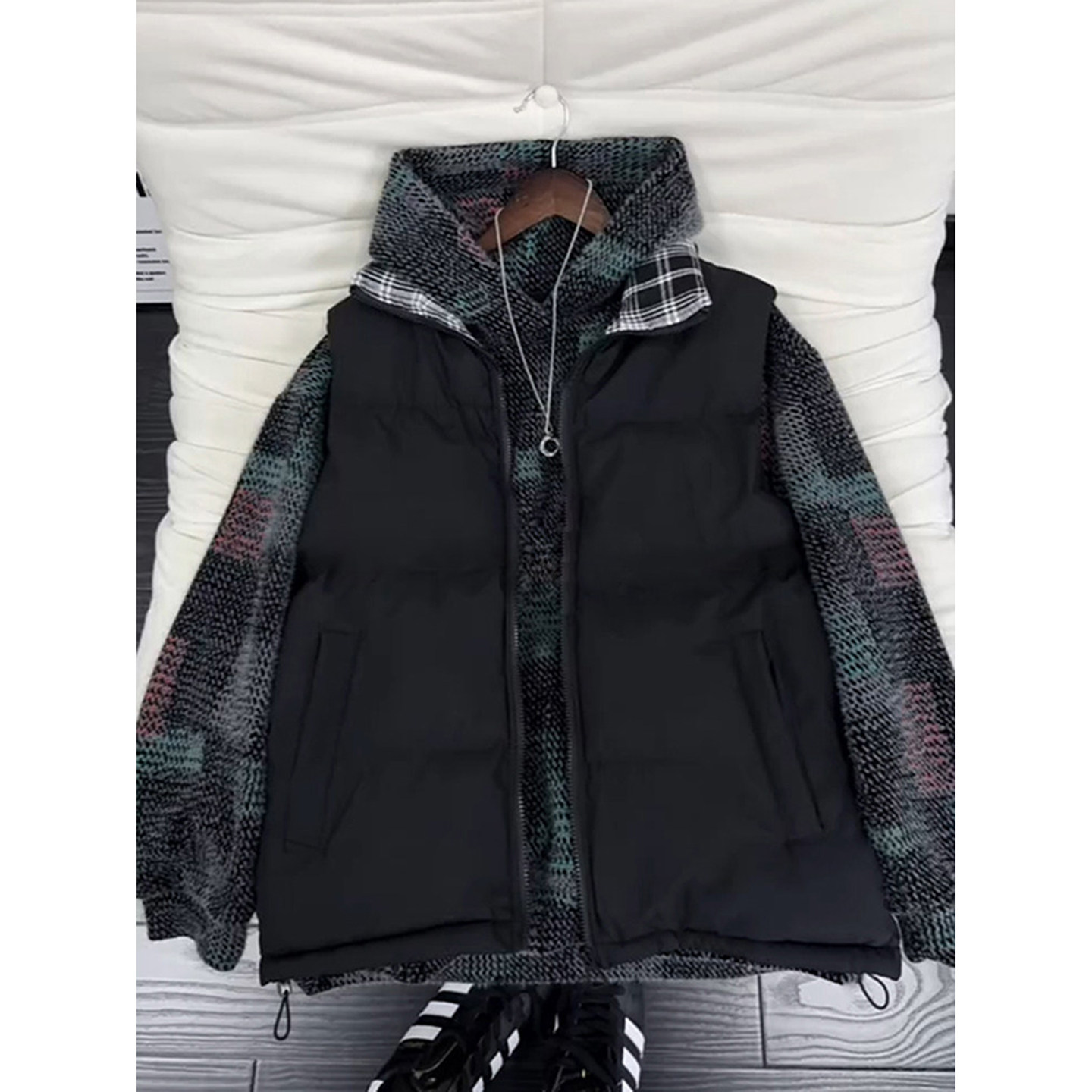 黑色男式高级羽绒棉马甲冬季可外穿无袖背心叠穿彩色格子卫衣套装,男装,羽绒马甲,淘宝优惠券,粉丝福利购,淘宝优惠卷