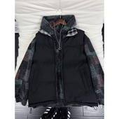 黑色男式 背心叠穿彩色格子卫衣套装 高级羽绒棉马甲冬季 可外穿无袖