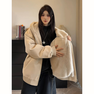 美式座山雕连帽皮衣棉服高级感男士外套冬装皮毛一体保暖加绒棉衣