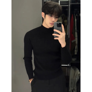 黑色坑条肌理感毛衣男款冬季高级感内搭半高领修身显瘦针织打底衫