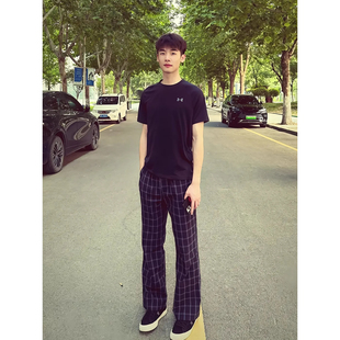 何以至此格纹裤子男美式复古深蓝色休闲微喇裤慵懒松弛感阔腿长裤