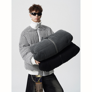 潮牌鱼骨纹立领棉衣男款青少年酷帅冬装外套美式保暖高领防风棉服