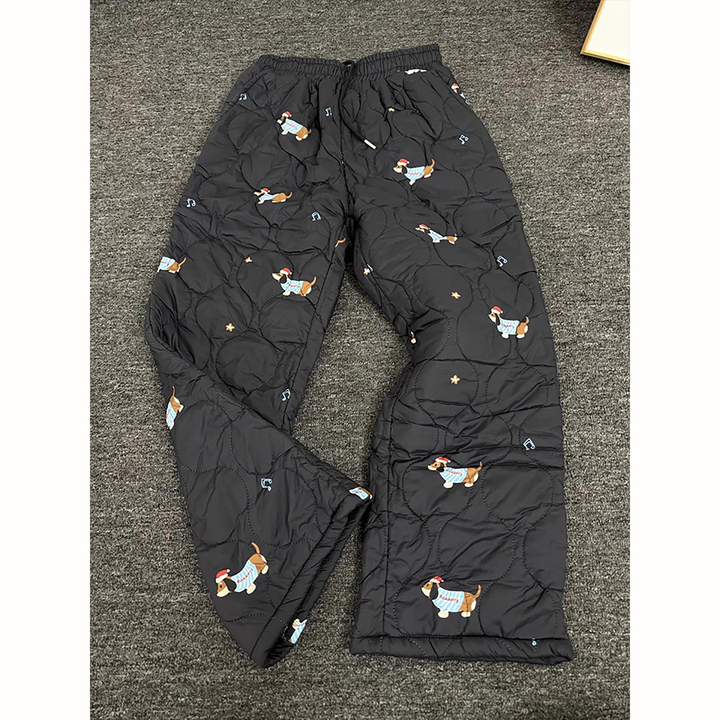 黑色腊肠狗印花加绒保暖男士棉裤