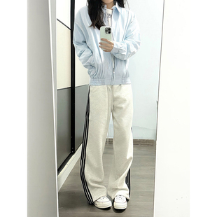 白灰色三条杠重磅卫裤男款冬季加绒保暖直筒裤子青少年运动休闲裤