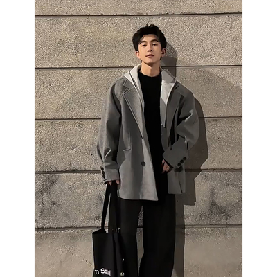 假两件连帽短款毛呢大衣男高级感