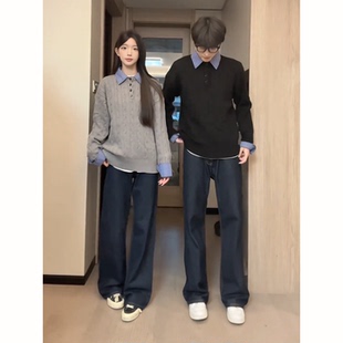 老钱风灰色假两件毛衣男女美式 高级感情侣上衣 复古v领百搭针织衫