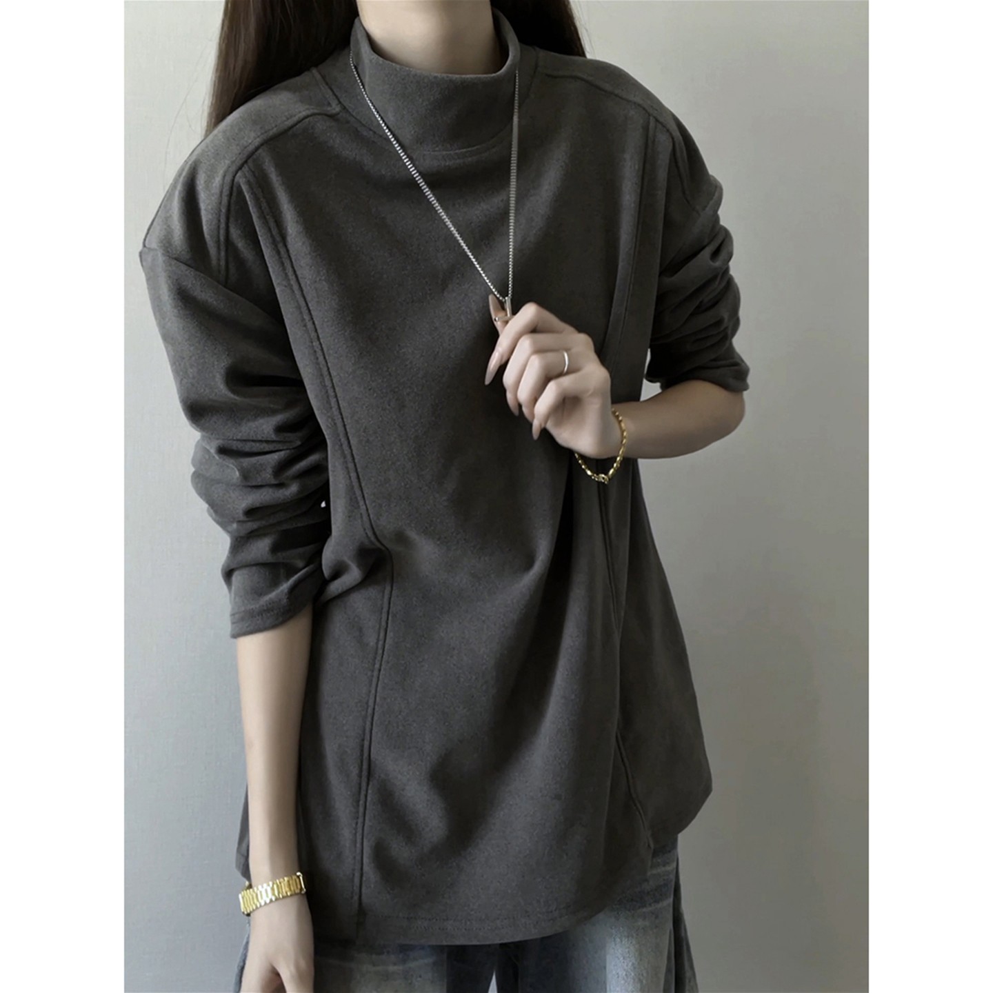 深灰色半高领德绒打底衫男秋冬美式解构正肩卫衣内搭重磅长袖t恤