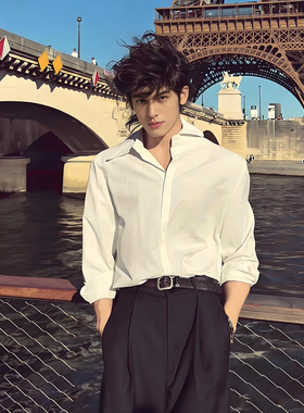 那不勒斯白色长袖衬衫男款英伦风西装内搭高级感衬衣青少年dk外套