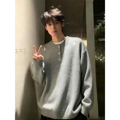 灰色刺绣亨利领毛衣男款冬季加厚