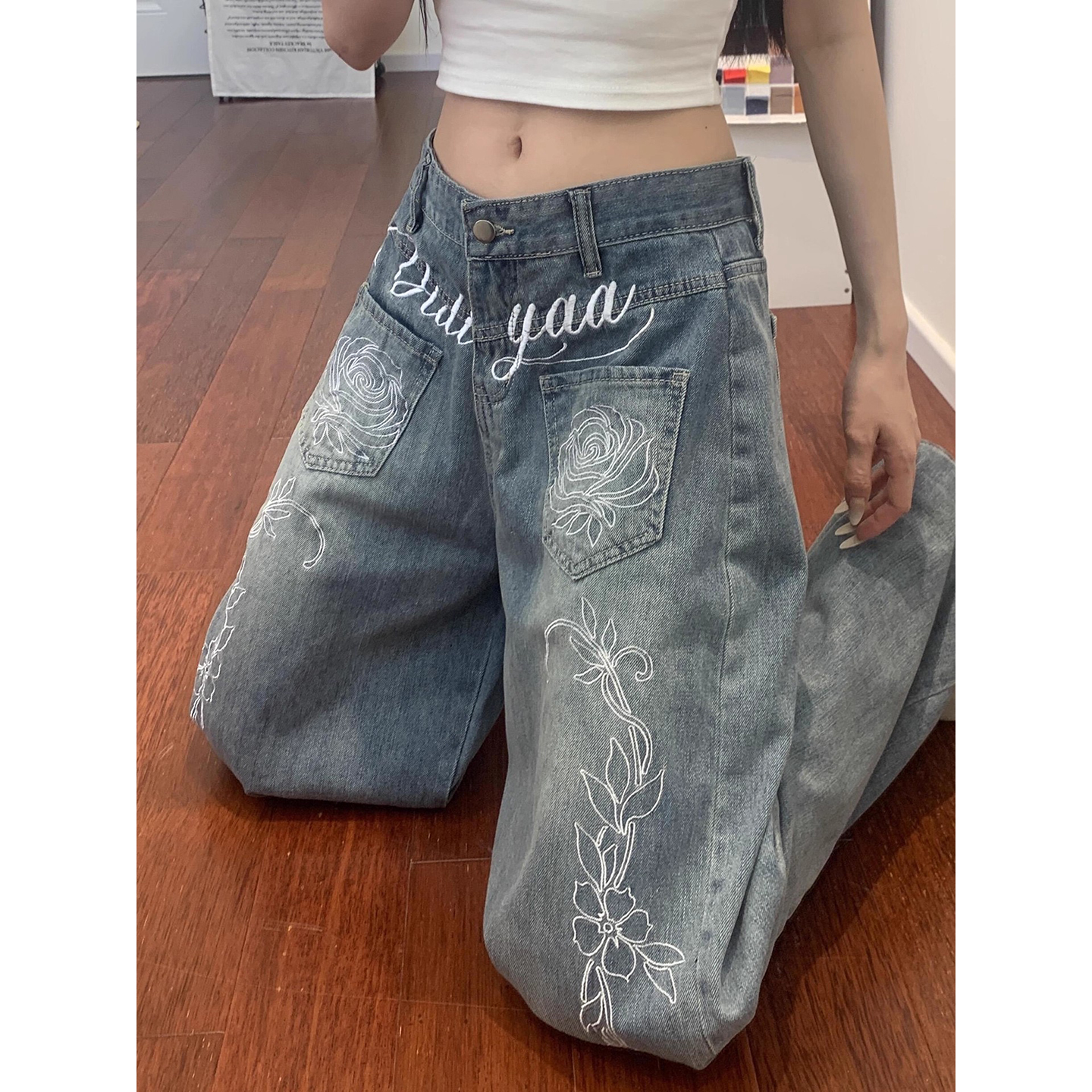 花卉字母刺绣反穿廓形牛仔裤男
