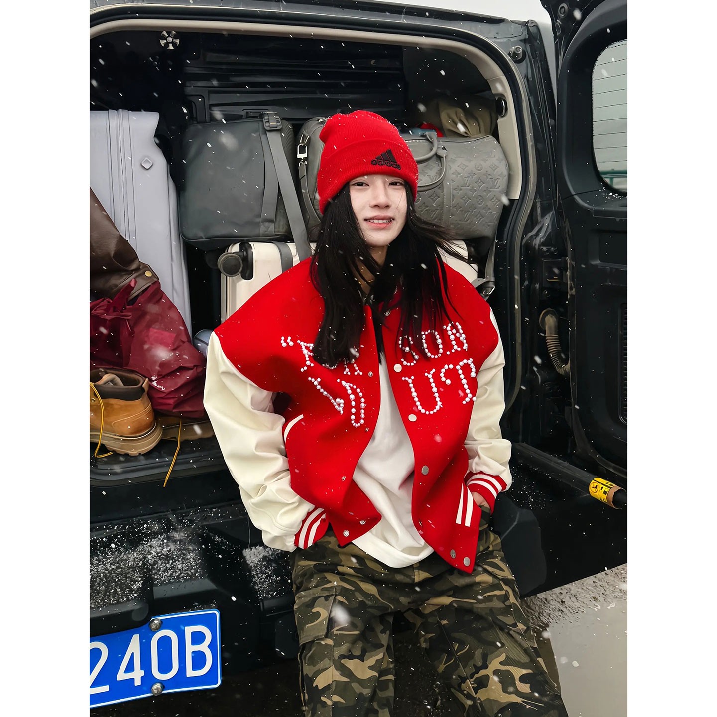 红色珍珠刺绣棒球服男秋季美式高街飞行夹克潮牌拼接撞色工装外套