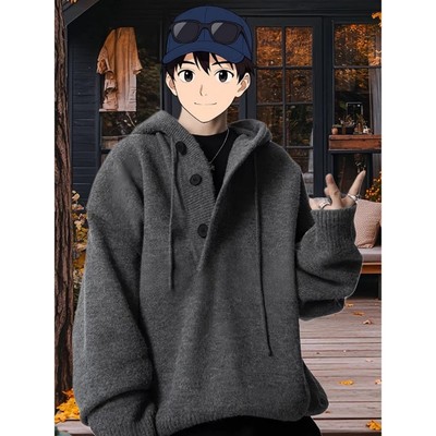 深灰色v领连帽毛衣男款冬季加厚