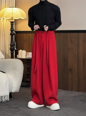 红色自带腰带毛呢西裤男款冬季美式痞帅高级感裤子A字弯刀阔腿裤
