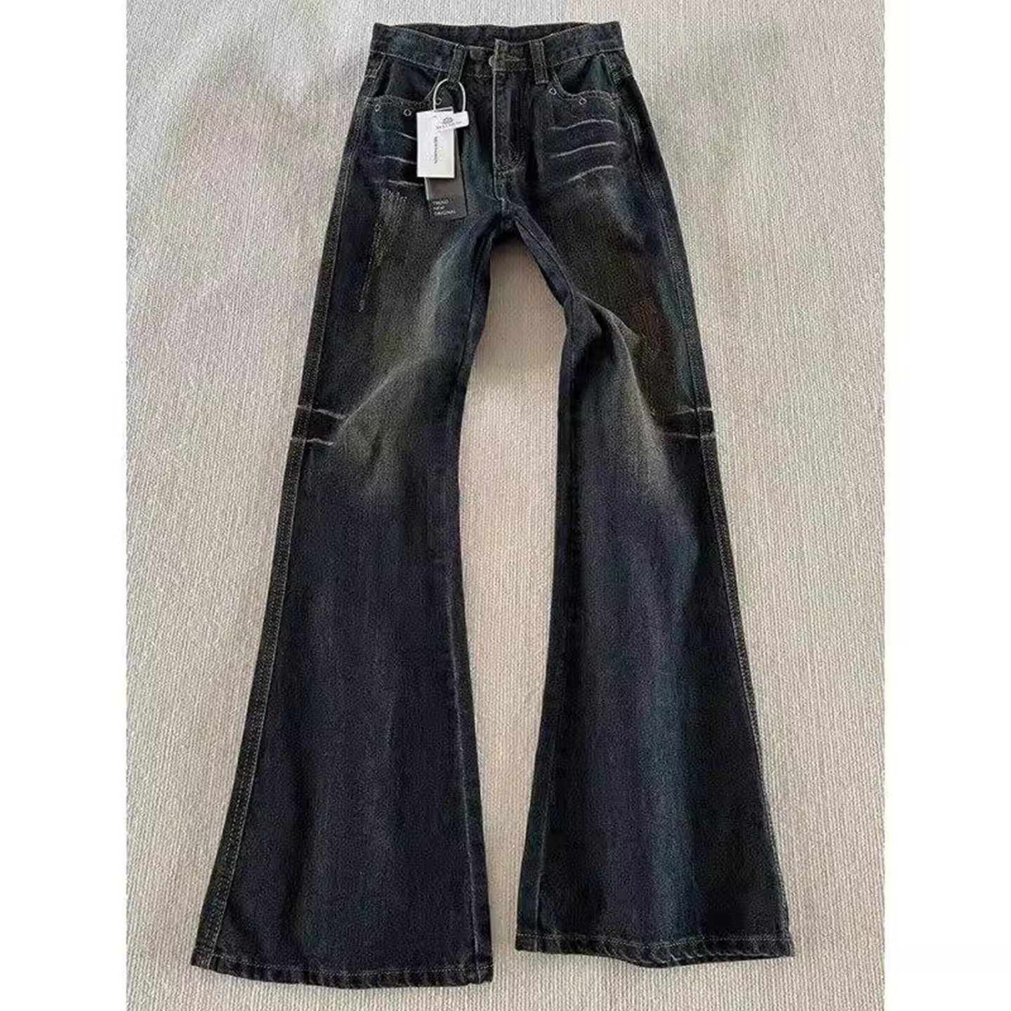 蓝灰色美式复古微喇牛仔裤男女款