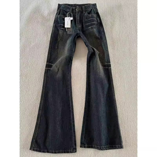 蓝灰色美式复古微喇牛仔裤男女款高街vibe弯刀裤子高个子直筒长裤