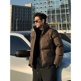 咖啡色pu皮棉服外套男款冬季加厚防风保暖棉衣cleanfit立领面包服