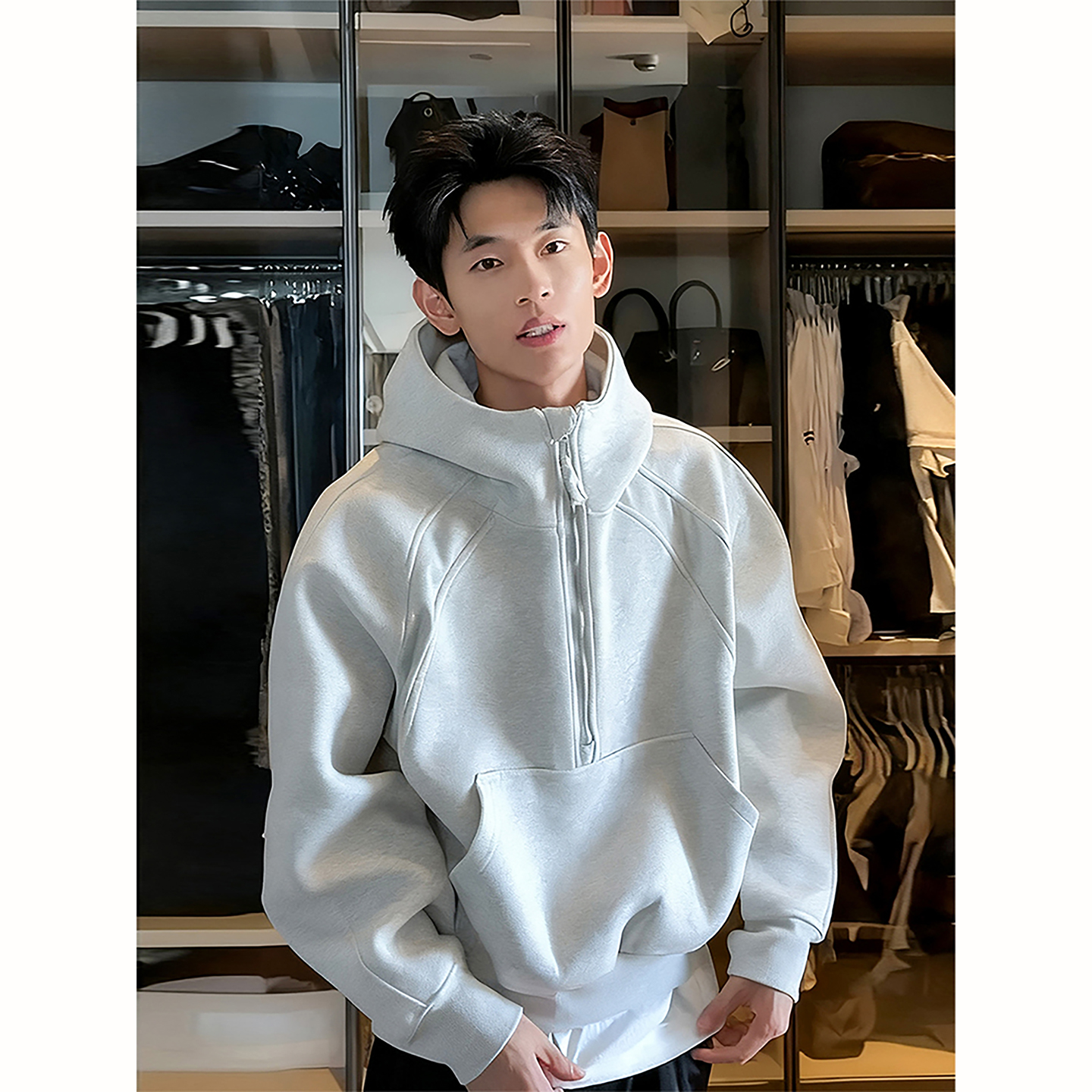 美式解构半拉链立领卫衣男款拼接