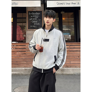 白灰色美式复古开衫卫衣男春秋少年感条纹外套学院风立领运动夹克