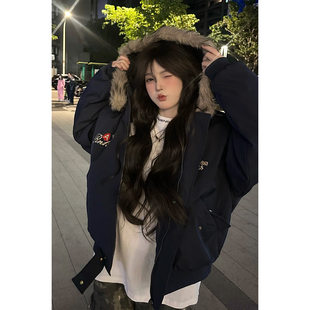 美式高街vibe棒球羽绒棉服男女冬季座山雕毛领外套短款廓形派克服