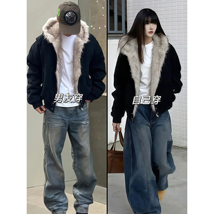 羊羔毛连帽座山雕棉服男冬季加绒加厚中性风棉衣夹克情侣毛毛外套