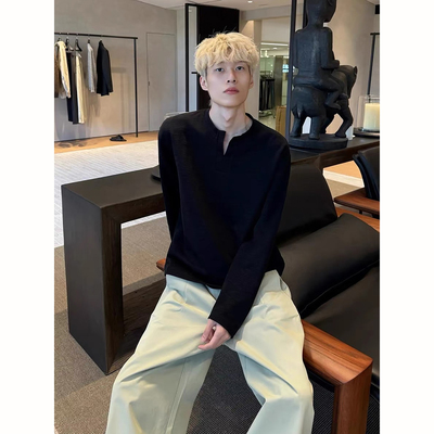 黑色小v领正肩长袖t恤男款秋季