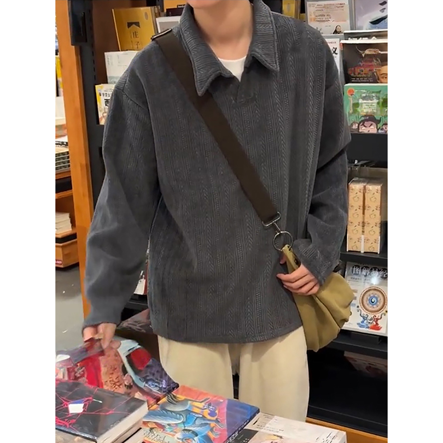 深灰色麦穗纹POLO衫男秋季美式
