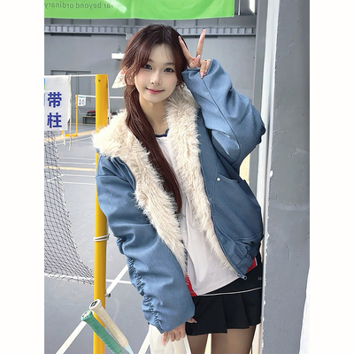 美式仿牛仔座山雕毛领夹克棉服