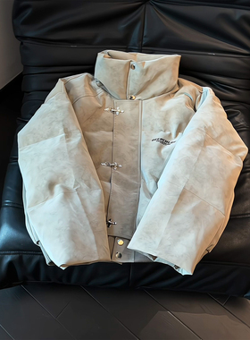 灰色扎染pu皮衣外套男款冬季美式飞机扣保暖棉服高级感立领面包服