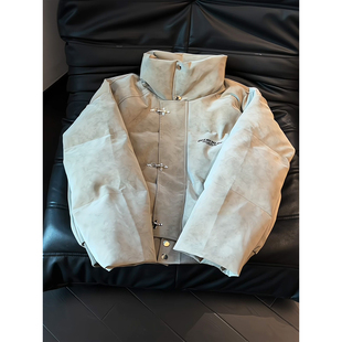 灰色扎染pu皮衣外套男款冬季美式飞机扣保暖棉服高级感立领面包服