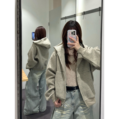 韩系慵懒松弛感条纹连帽卫衣男女