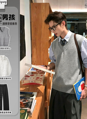 灰色v领针织背心男士冬外穿韩版学院风dk制服慵懒高级感毛衣坎肩