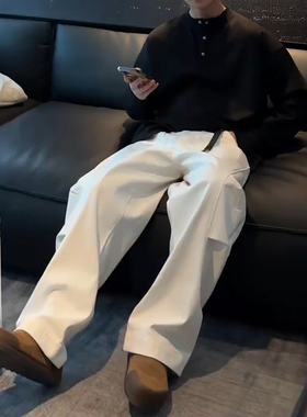 白色直筒休闲裤男士春季装褶皱2025新款阔腿长裤子弯刀工装伞兵裤