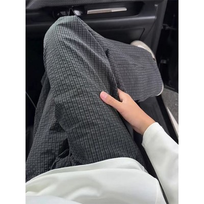 黑色泡泡纱格纹弯刀裤男秋季