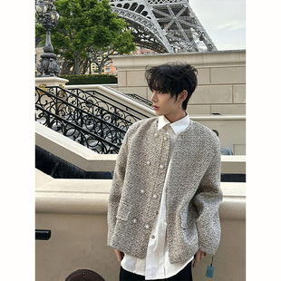 轻奢风双排扣无领垫肩西装夹克男款高级感男模穿搭小香风西服外套