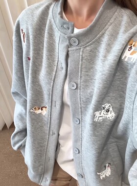 花灰色小狗刺绣开衫卫衣男女早秋流行穿搭美式慵懒风chic情侣外套