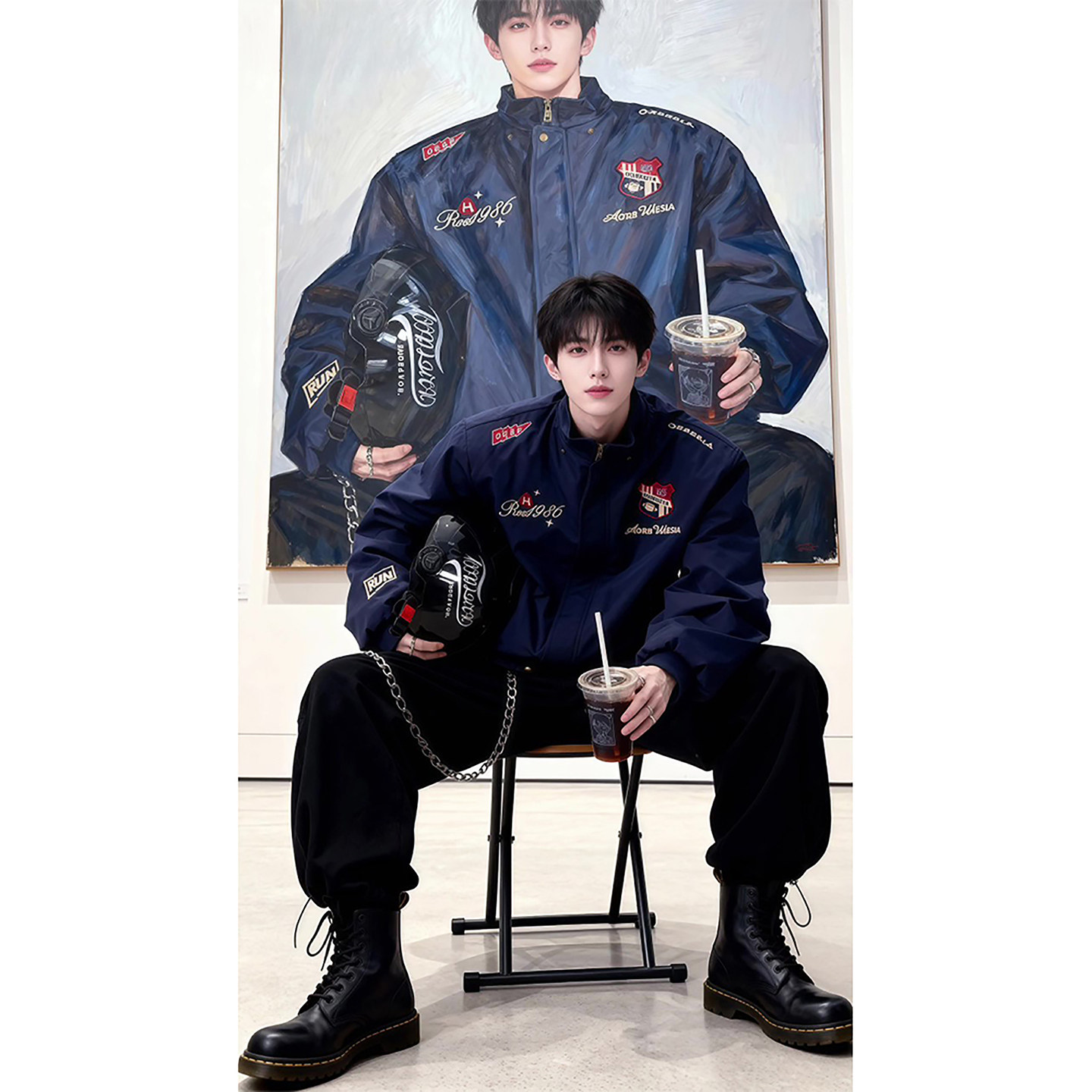 黑色徽章刺绣飞行夹克棉服男款冬季连帽座山雕外套潮牌加厚机车服