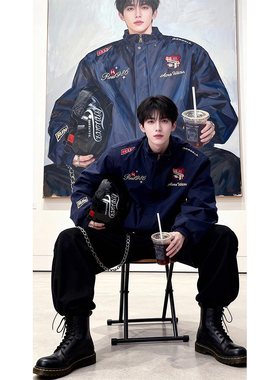 黑色徽章刺绣飞行夹克棉服男款冬季连帽座山雕外套潮牌加厚机车服