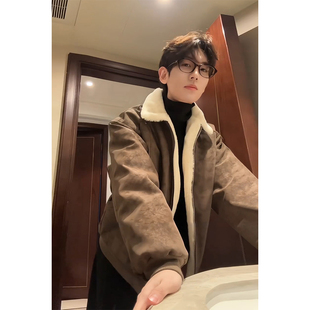 美拉德羊羔绒大棉袄男款 加绒加厚翻领棉服高级感痞帅pu皮棉衣 冬季