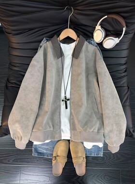 灰色扎染PU皮衣夹克男款春季美式翻领巴恩风外套高级感短款棒球服