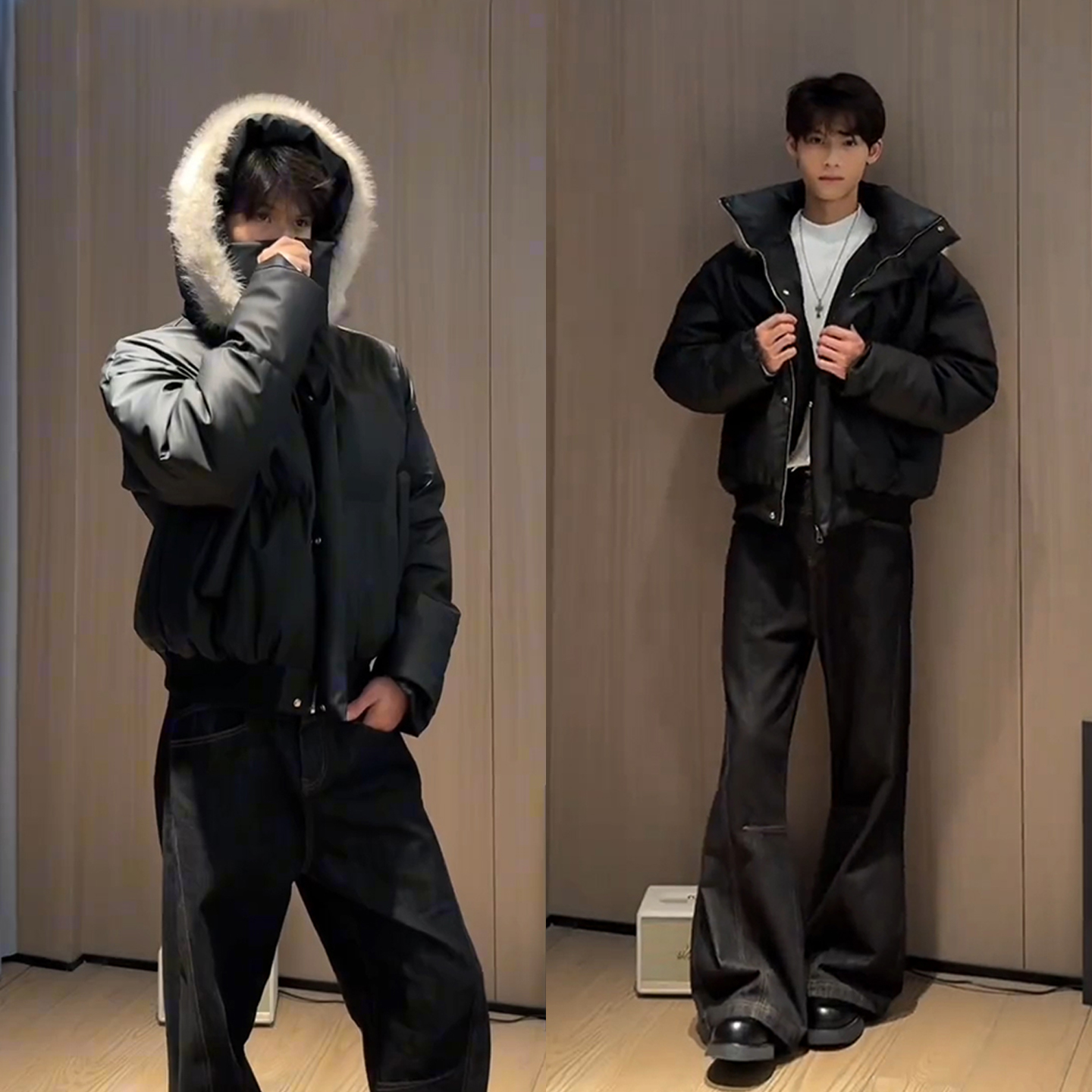 黑色可拆卸连帽pu皮羽绒棉服男款