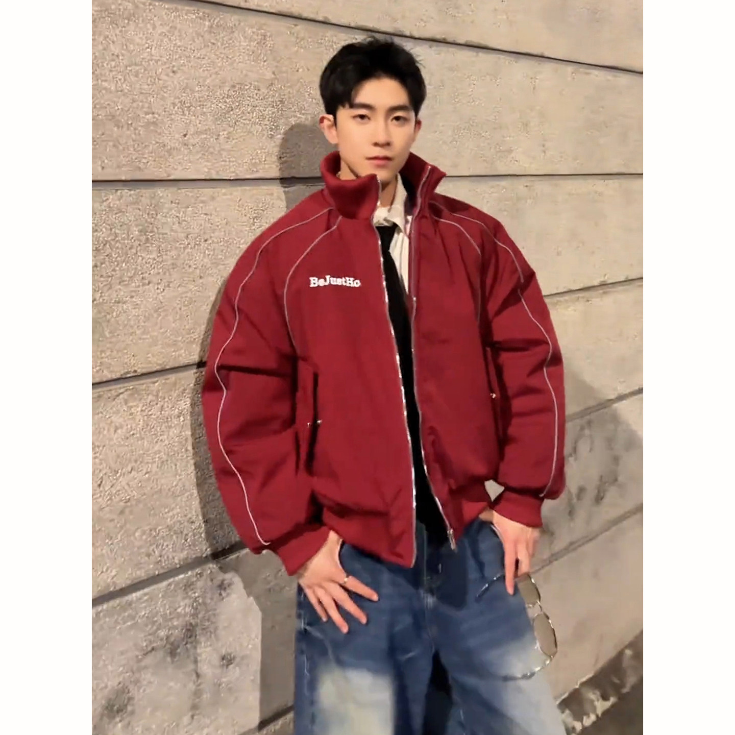 红色美式反光条拼接棉衣男款冬季立领飞行bomber棉服印花机车外套