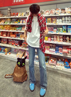 美式cleanfit闪电纹破洞牛仔裤男夏季Pansk微喇裤子高腰显瘦长裤