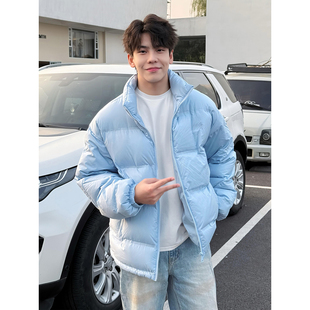 浅蓝色轻薄款羽绒服男冬季保暖高级感立领棉服外套美式短款面包服
