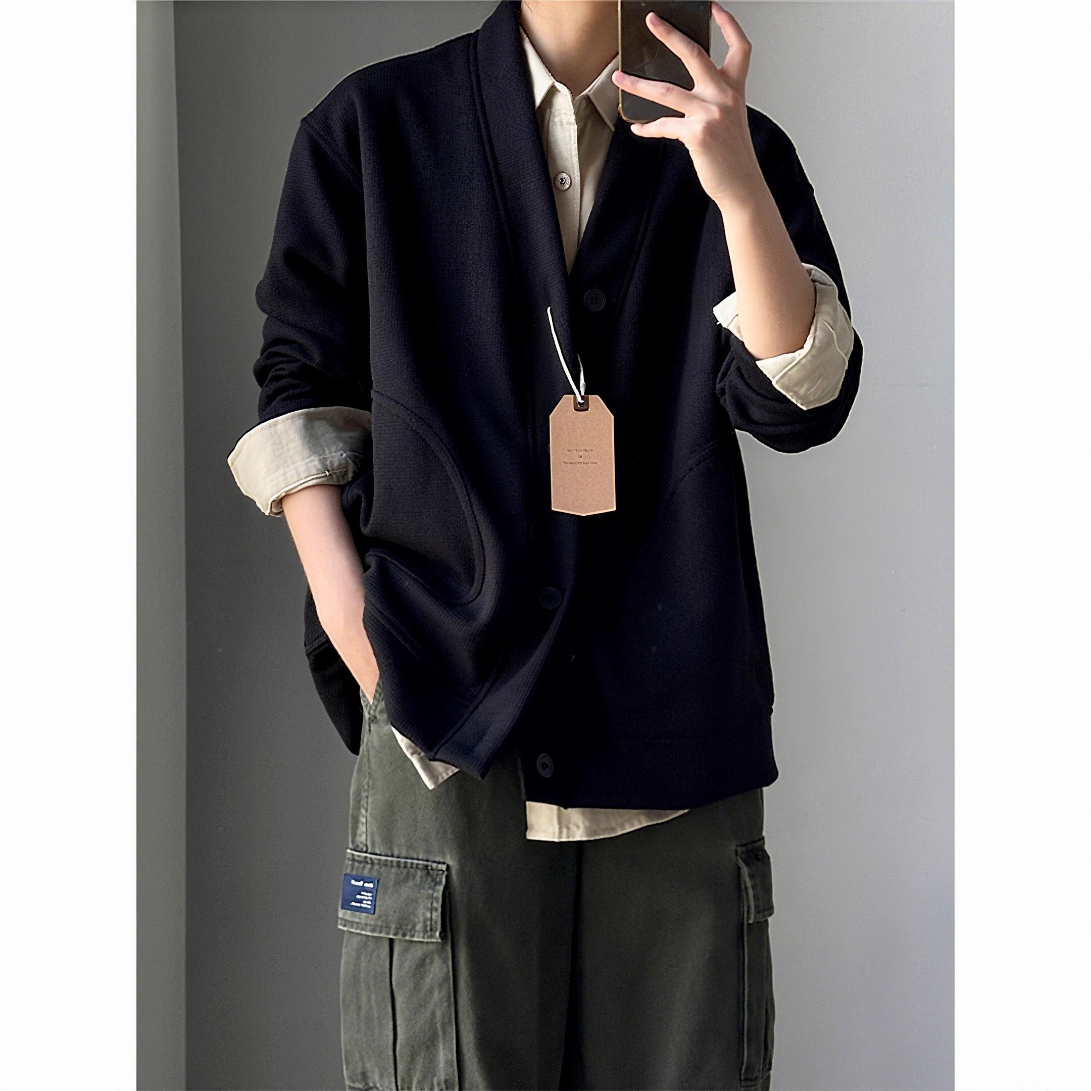 黑色重磅华夫格卫衣男生早秋穿搭