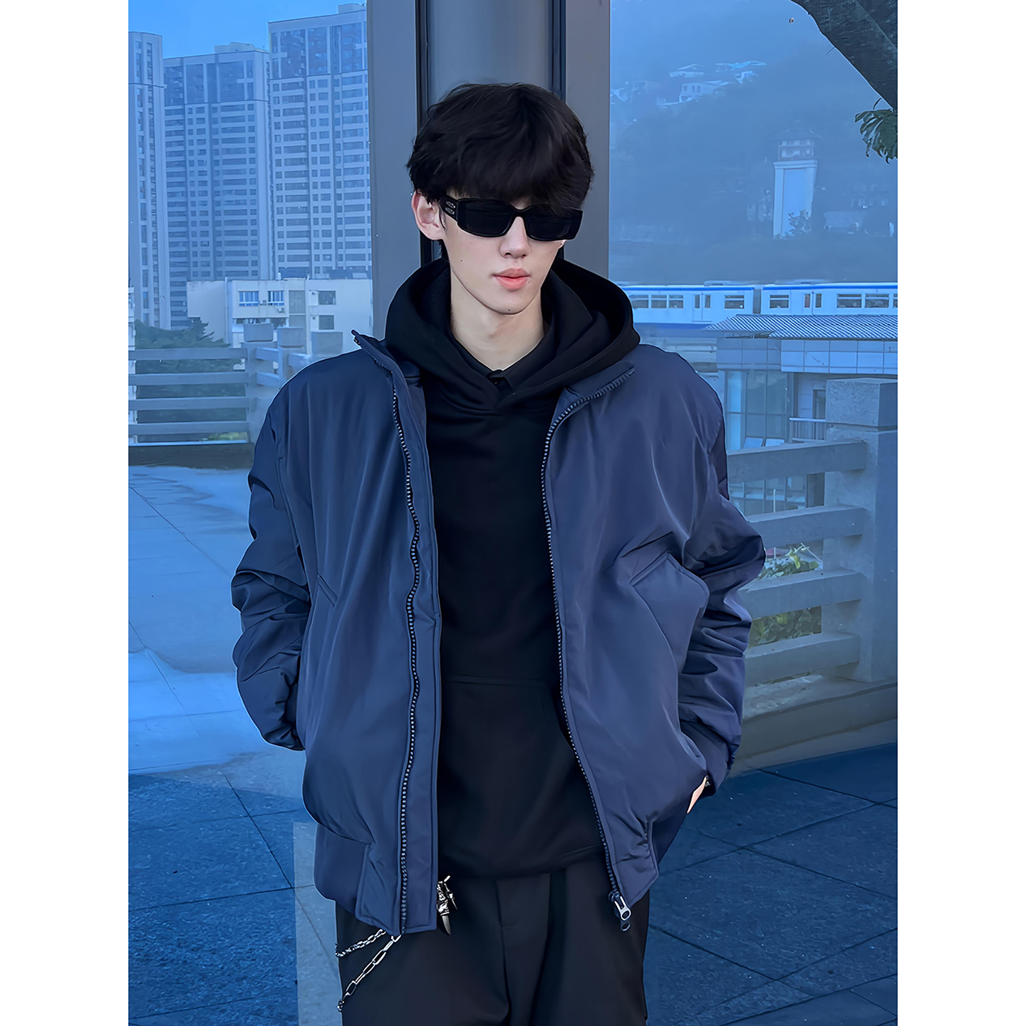 藏青色短宽boxy立领羽绒棉服冬季