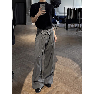 积淀禅宗弯刀阔腿裤男那不勒斯高腰显瘦裤子打褶刺绣条纹微喇西裤