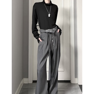 禅宗打褶刺绣微喇西裤加长版高个子男款垂感高腰条纹飘带休闲长裤