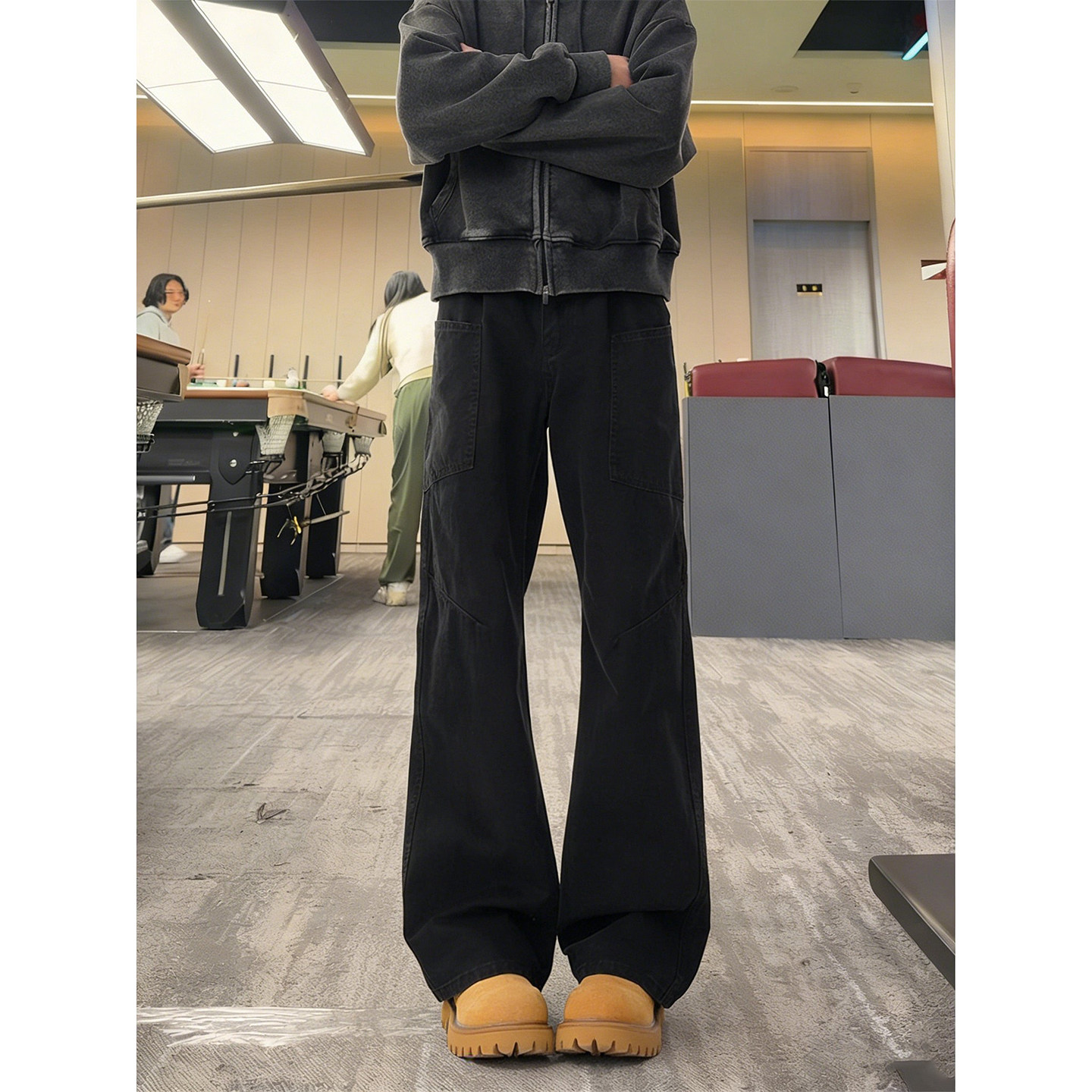 黑色解构工装牛仔裤男春季美式斜切加绒弯刀裤cleanfit直筒微喇裤,男装,牛仔裤,淘宝优惠券,粉丝福利购,淘宝优惠卷