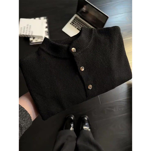 黑色美式亨利领毛衣男春季老钱风内搭打底衫慵懒高级感针织衫外套