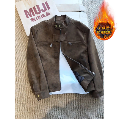 美式短款皮衣外套男秋冬加厚夹棉